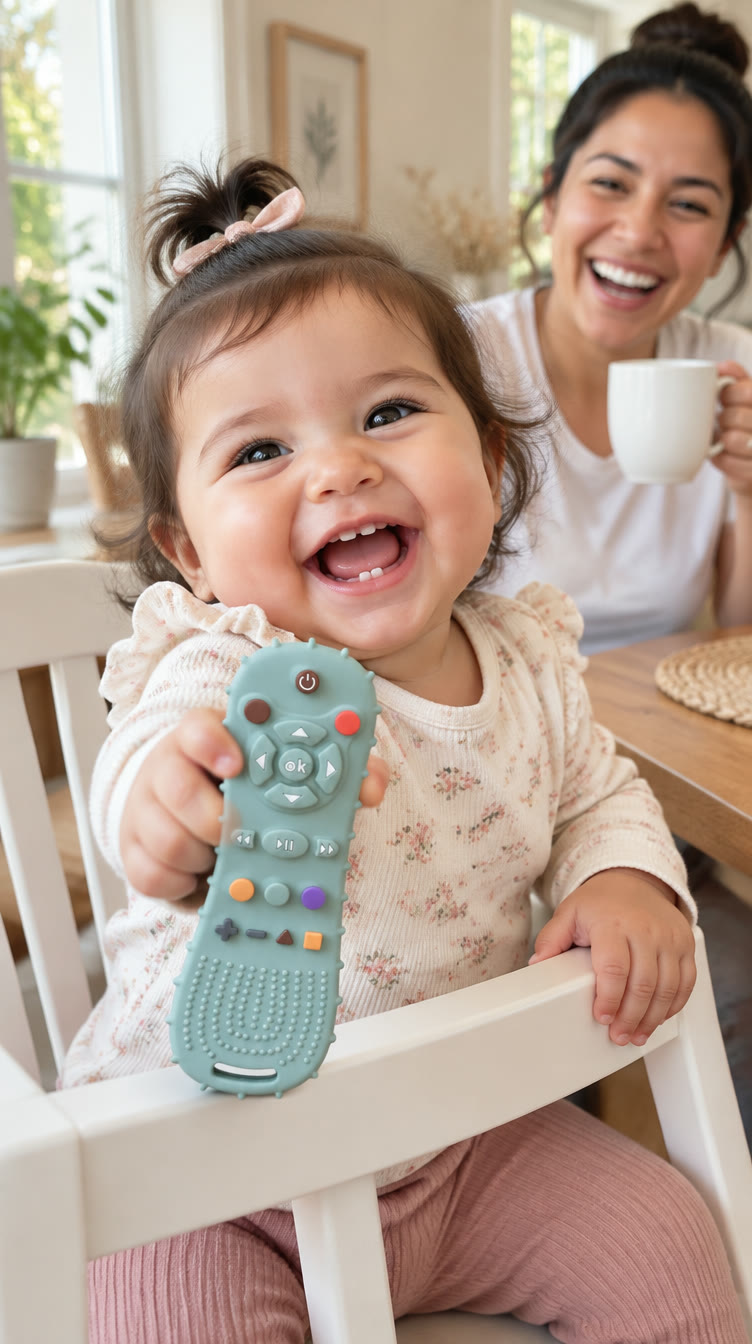 Bebé en su silla jugando a cambiar de canal con ClikiBaby