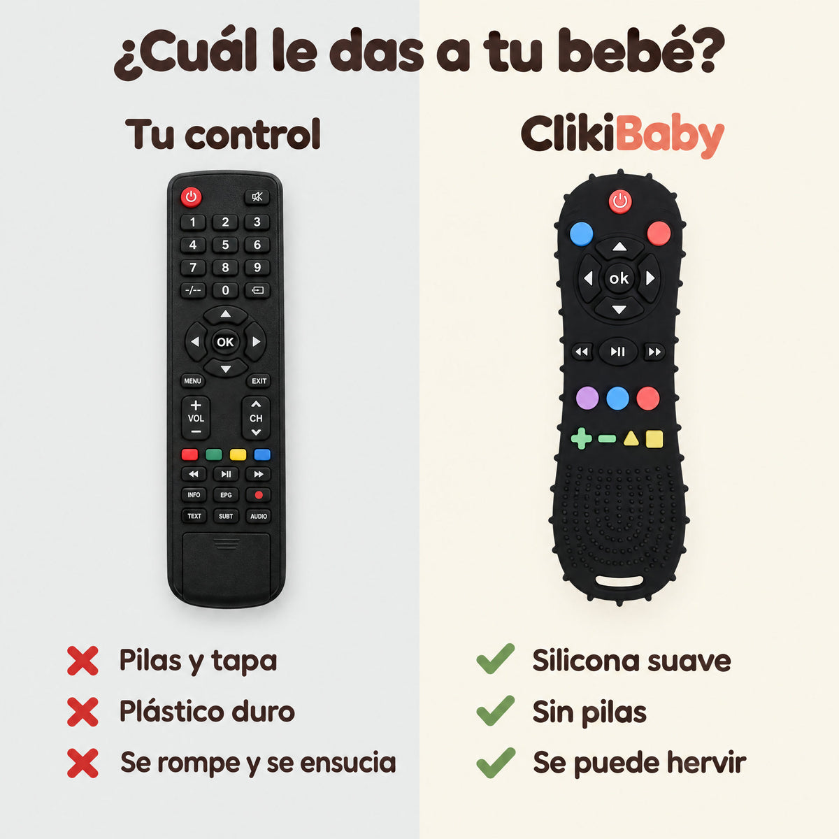 ClikiBaby negro comparado con un control de verdad: silicona suave, sin pilas, se puede hervir