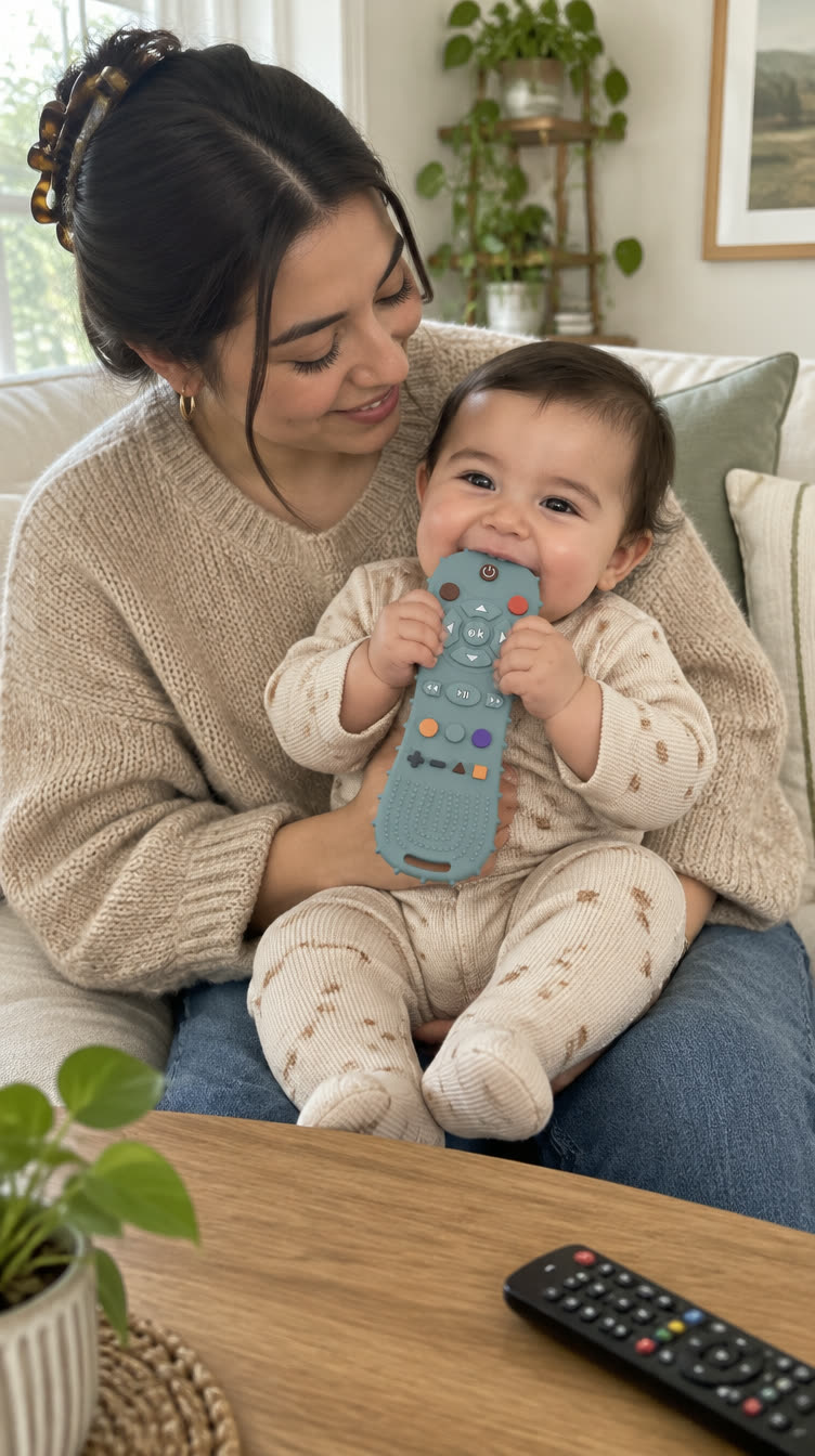 Bebé mordiendo ClikiBaby en brazos de mamá